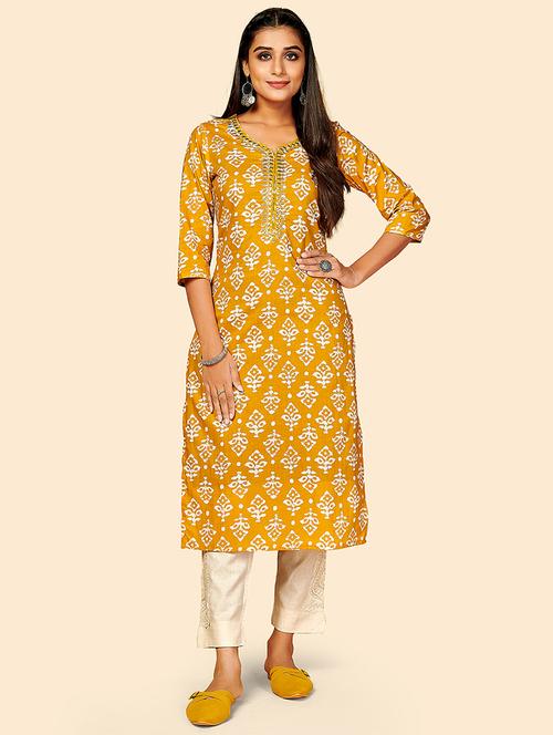 yellow cotton straight kurta - 18298200 - Very Small Image - 1