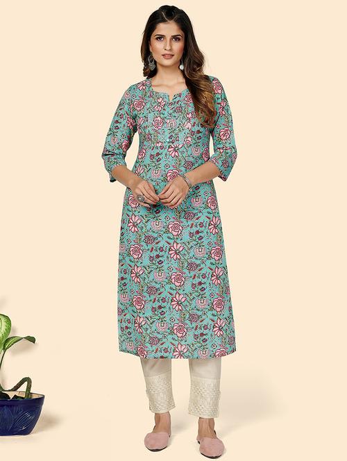 turquoise cotton straight kurta - 18298207 - Very Small Image - 1