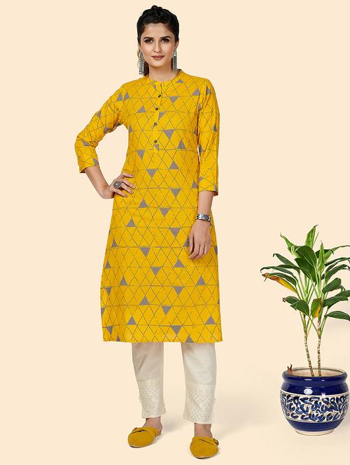 yellow cotton straight kurta - 18298222 - Very Small Image - 1