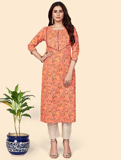 orange cotton straight kurta - 18298276 - Very Small Image - 1
