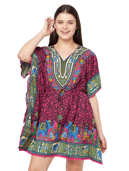 pink relaxed v-neck printed kaftan dress - 18298847 - Very Small Image - 1