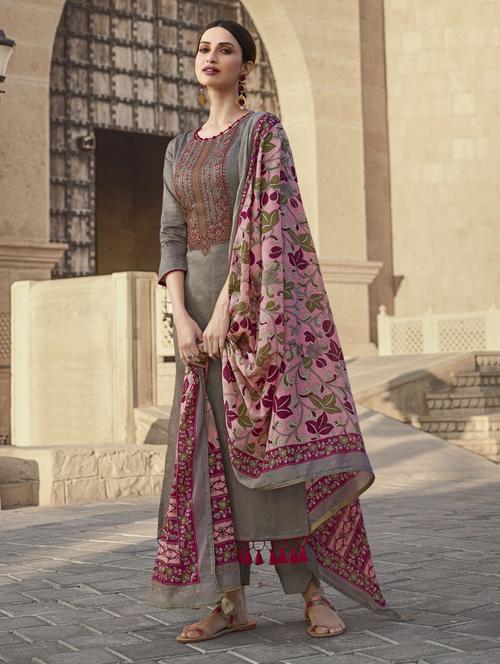 grey embroidered semi-stitched suit - 18299275 - Very Small Image - 1