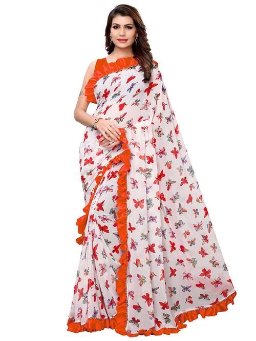 orange printed saree with blouse - 18299643 - Very Small Image - 1