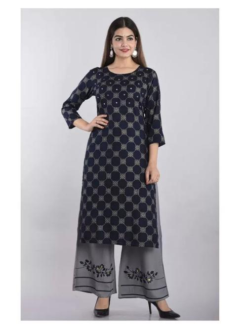 ladies rayon kurti with palazzo blue - 18299830 - Very Small Image - 1