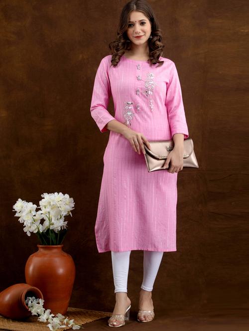 pink cotton straight kurta - 18299887 - Very Small Image - 1