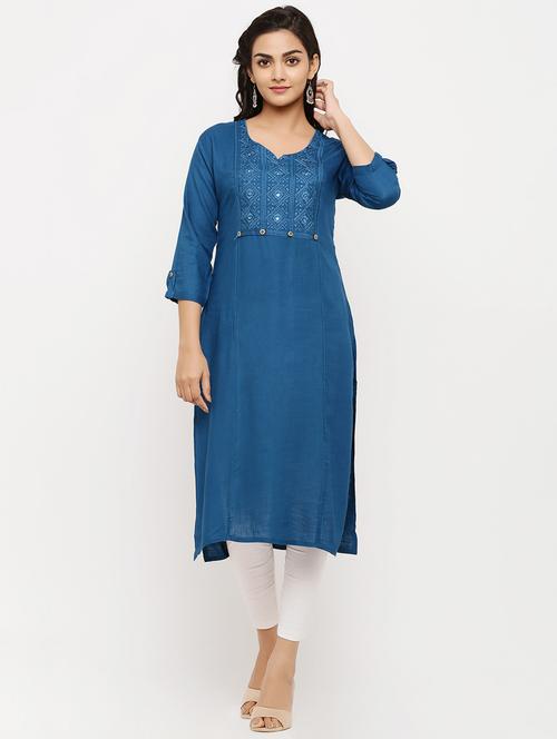 teal rayon straight kurta - 18299890 - Very Small Image - 1