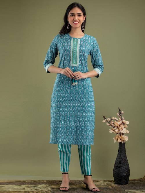 teal cotton kurta pant set - 18299964 - Very Small Image - 1