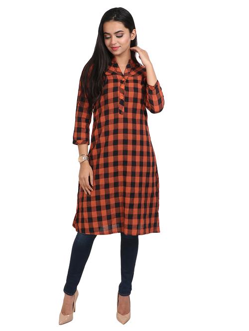 orange checked straight kurta - 18300421 - Very Small Image - 1