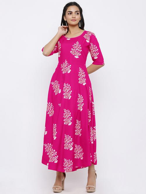 pink printed flared ethnic dress - 18300812 - Very Small Image - 1
