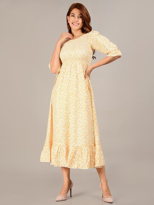 three-fourth sleeved smocked printed a-line dress - 18301244 - Very Small Image - 1