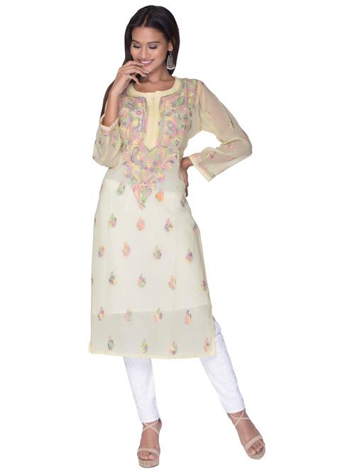 yellow georgette straight kurta - 18302462 - Very Small Image - 1