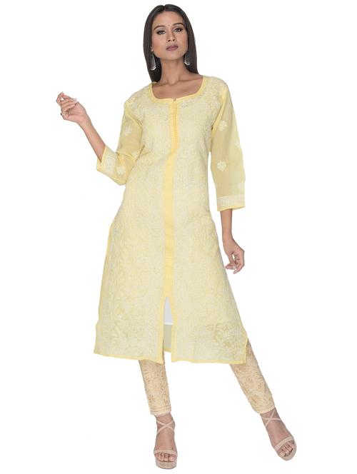 yellow cotton straight kurta - 18302480 - Very Small Image - 1