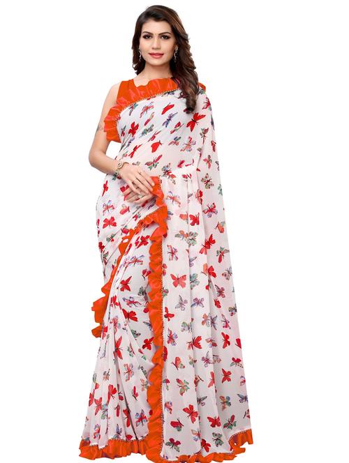 orange printed saree with blouse - 18303470 - Very Small Image - 1