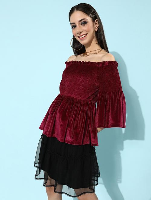 off-shoulder smocked fit and flare dress - 18303638 - Very Small Image - 1