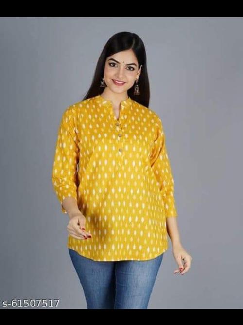 ladies short printed cotton kurti yellow - 18303914 - Very Small Image - 1