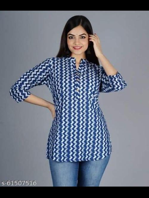 ladies short printed cotton kurti blue - 18303918 - Very Small Image - 1