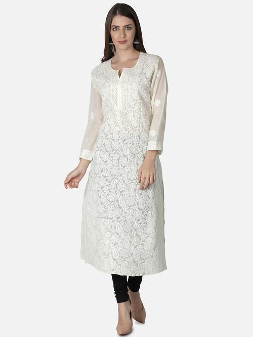 cream chikankari straight kurta - 18304835 - Very Small Image - 1