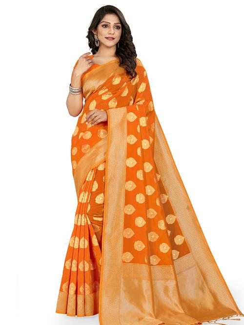 orange silk blend saree with blouse - 18305335 - Very Small Image - 1