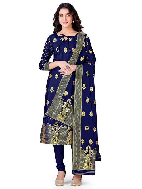 navy silk blend unstitched suit - 18305537 - Very Small Image - 1