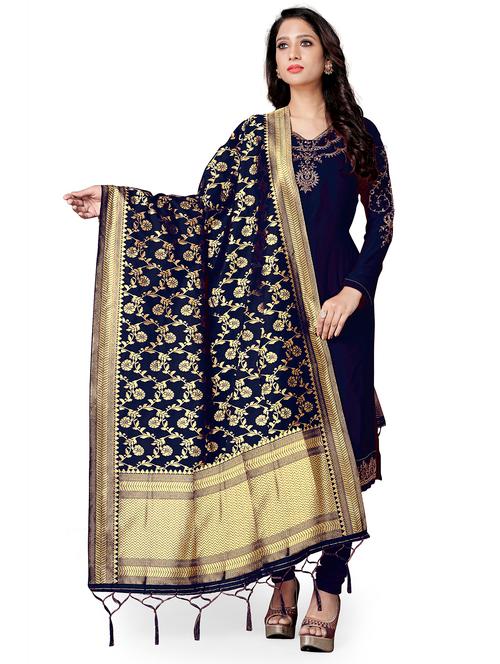 navy silk blend dupatta - 18305550 - Very Small Image - 1