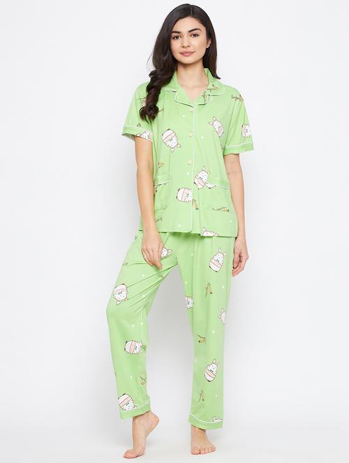 shirt collar printed nightwear pajama set - 18305835 - Very Small Image - 1