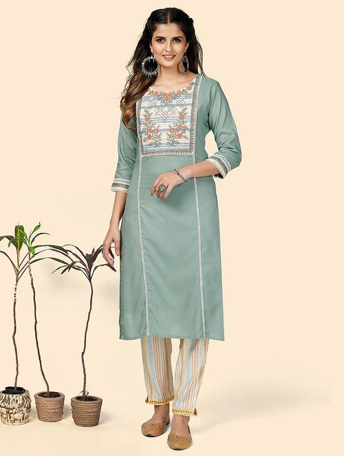 green cotton kurta pant set - 18306201 - Very Small Image - 1