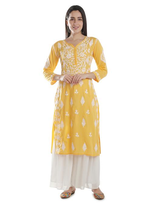 yellow chikankari straight kurta - 18306932 - Very Small Image - 1