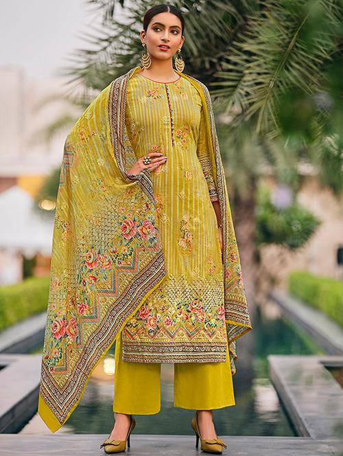 yellow printed unstitched suit - 18308226 - Very Small Image - 1