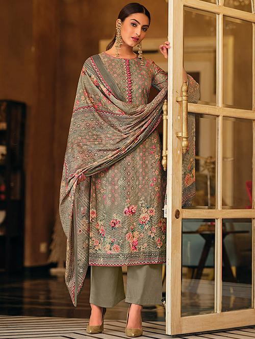 grey printed unstitched suit - 18308230 - Very Small Image - 1