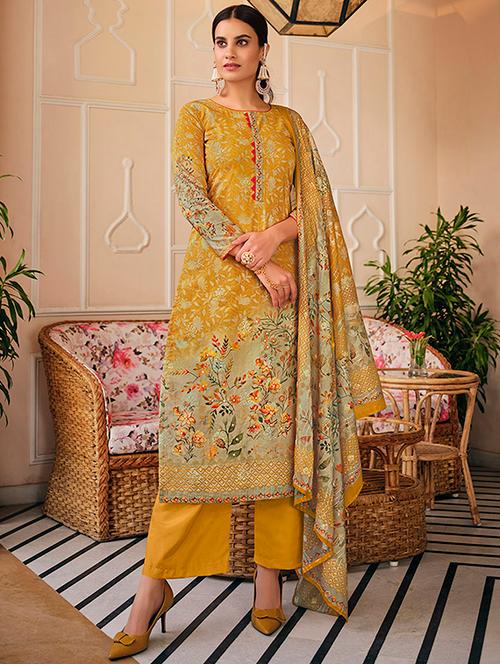 yellow printed unstitched suit - 18308233 - Very Small Image - 1