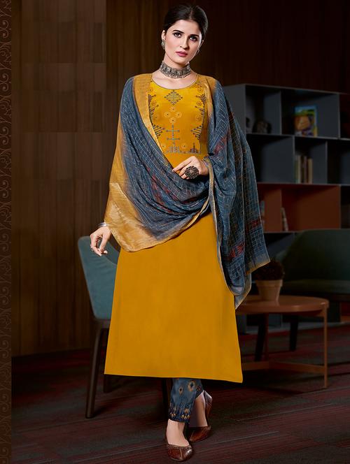 yellow embroidered unstitched suit - 18308237 - Very Small Image - 1