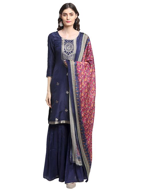 navy silk blend unstitched suit - 18308246 - Very Small Image - 1