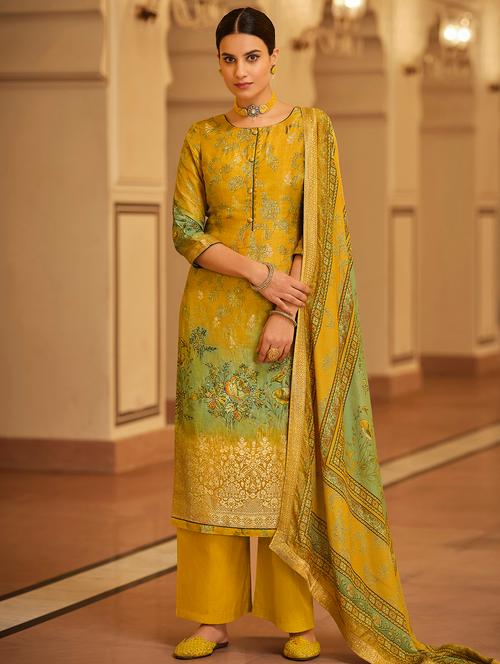 yellow printed unstitched suit - 18308255 - Very Small Image - 1