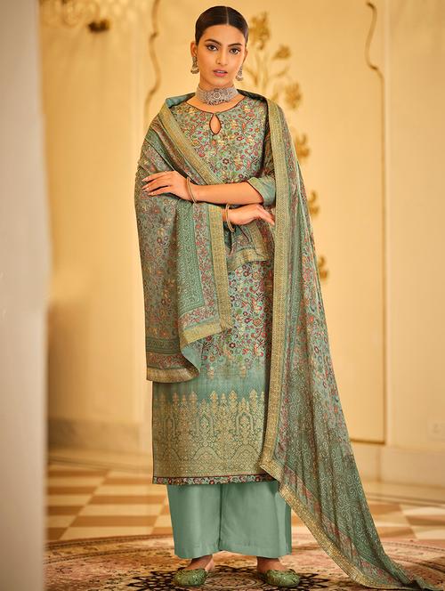green printed unstitched suit - 18308256 - Very Small Image - 1