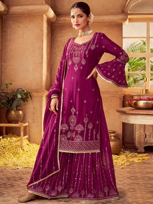 embroidered palazzo suit unstitched suit - 18308271 - Very Small Image - 1