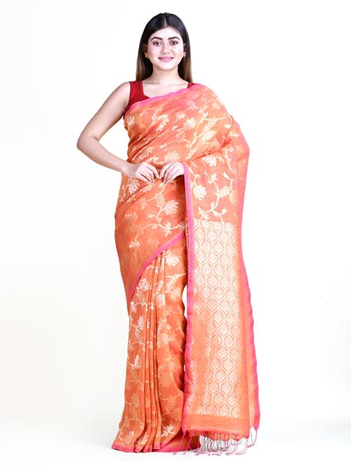 orange linen jamdani saree with blouse - 18308420 - Very Small Image - 1