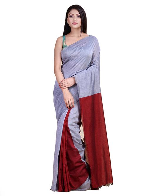 women's solid pearl grey colored saree with blouse - 18308466 - Very Small Image - 1