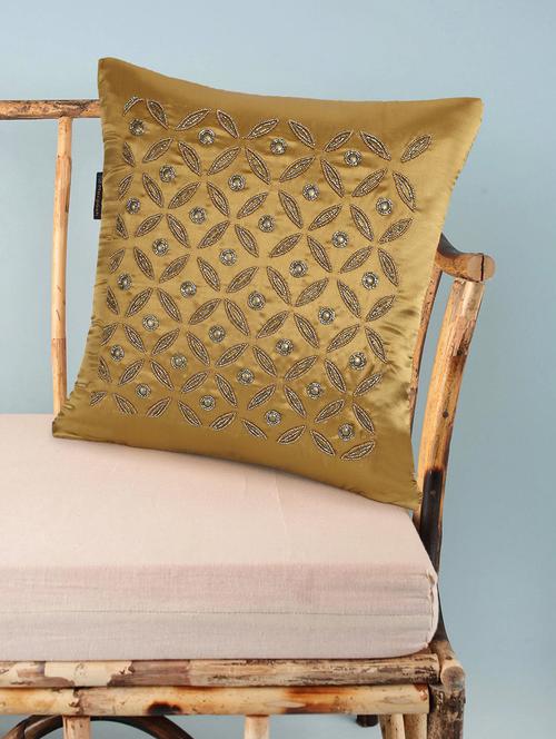 mezposh dazzle gold floral embellished satin cushion cover (16"x16") - 18308589 - Very Small Image - 1
