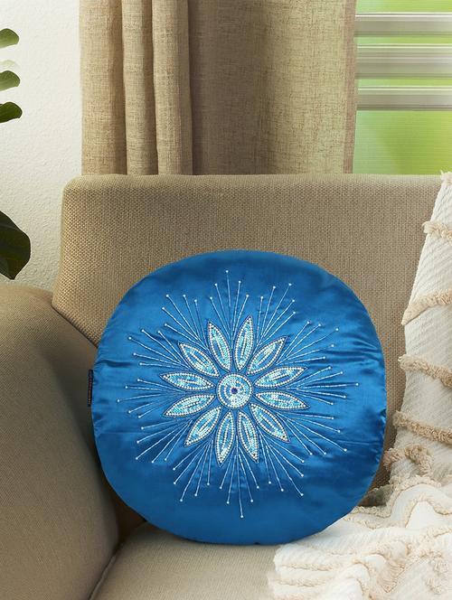 mezposh dazzle royal blue & white floral mandala embellished satin cushion cover (16") - 18308594 - Very Small Image - 1