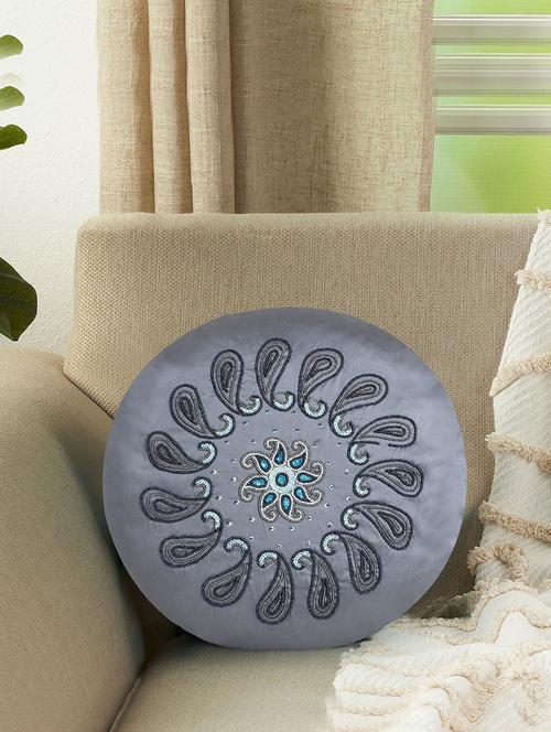 mezposh dazzle grey & multi paisely mandala embellished satin cushion cover (16") - 18308595 - Very Small Image - 1