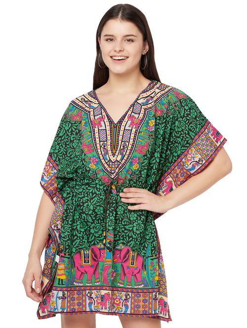 green relaxed fit v neck printed kaftan dress - 18308872 - Very Small Image - 1