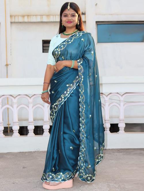 green embroidered saree with blouse - 18309105 - Very Small Image - 1