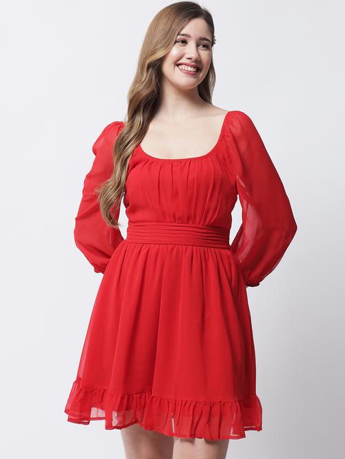 three quarter sleeve solid a-line dress - 18309293 - Very Small Image - 1