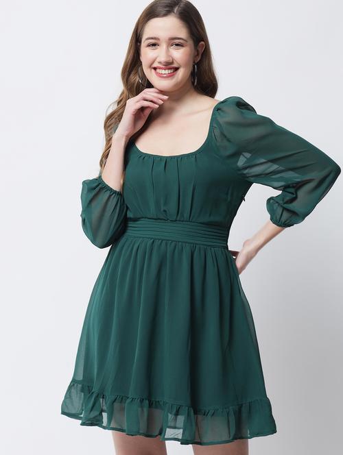 three quarter sleeve solid a-line dress - 18309301 - Very Small Image - 1