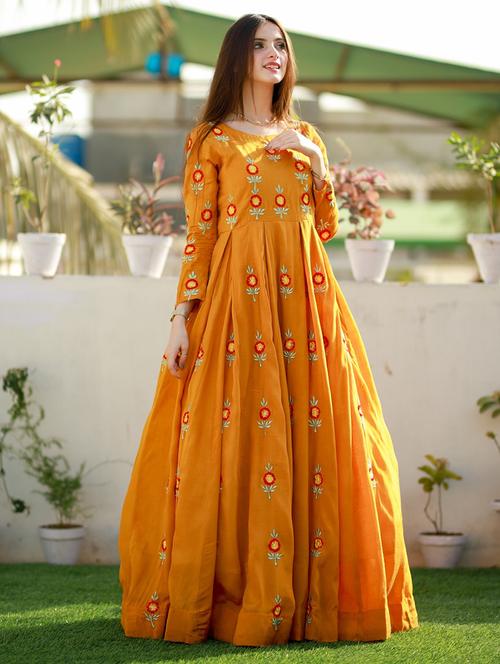 yellow embroidered anarkali ethnic dress - 18309374 - Very Small Image - 1