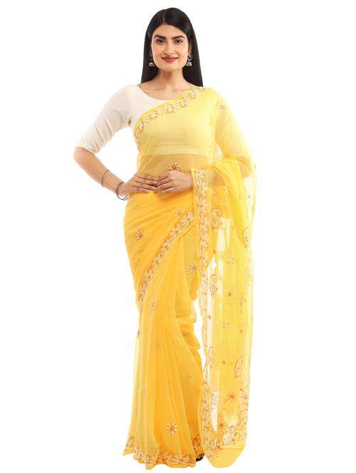 yellow georgette saree with blouse - 18312244 - Very Small Image - 1