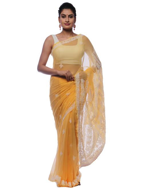 yellow georgette saree with blouse - 18312248 - Very Small Image - 1