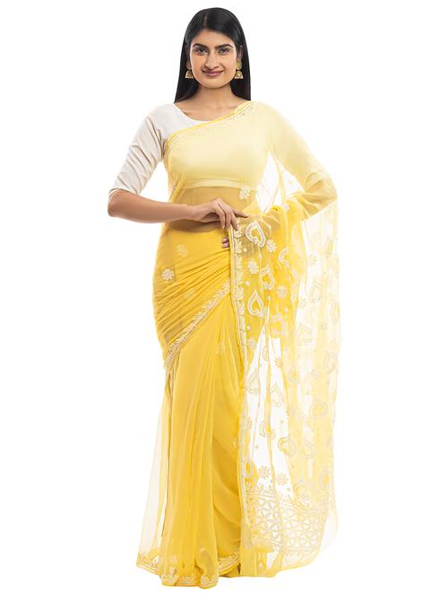 yellow georgette saree - 18312269 - Very Small Image - 1