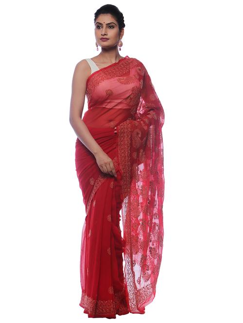 red georgette saree - 18312293 - Very Small Image - 1
