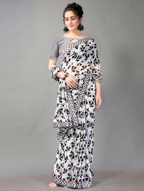 grey georgette printed saree with blouse - 18312625 - Very Small Image - 1